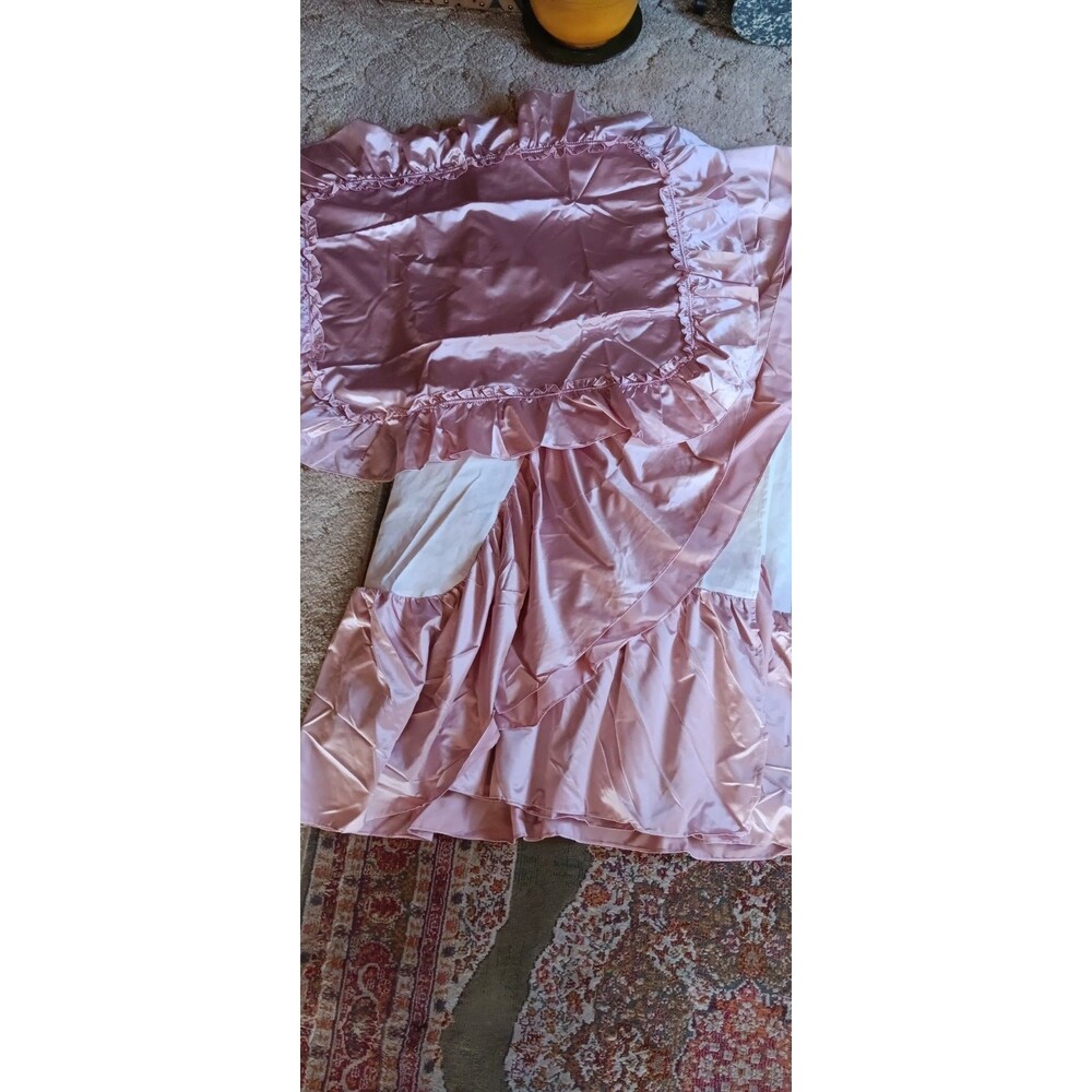 Vintage 70s JC Penney Home Queen Pink Satin Ruffle Bed Skirt + 1 Pillow Sham